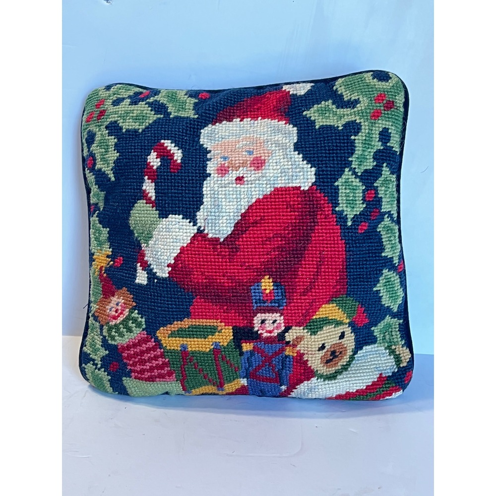 Vintage Santa Claus Needlepoint Pillow Cover Christmas Velvet Back 9.5x9.5